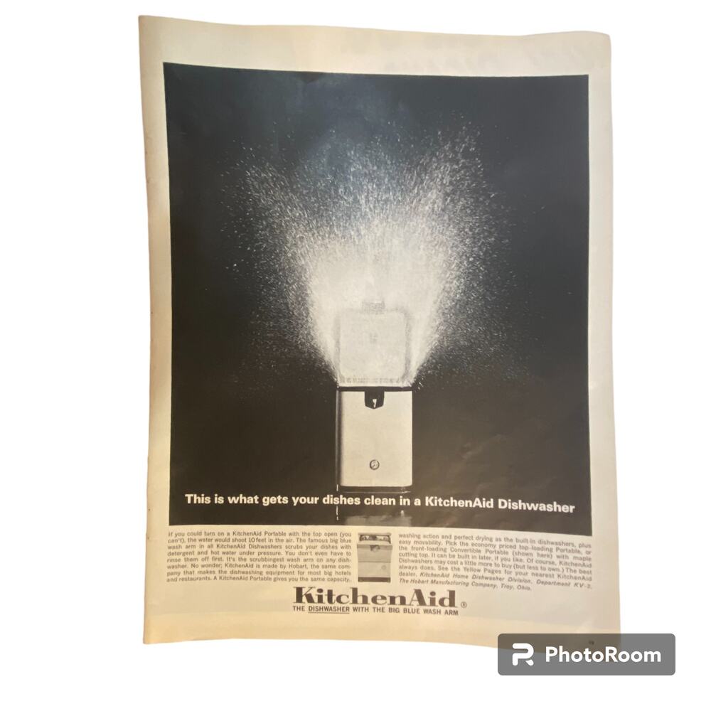 Vtg KitchenAid Dishwasher Print Ad 14 x 10.5 May 11 1962 Frame Ready Black White